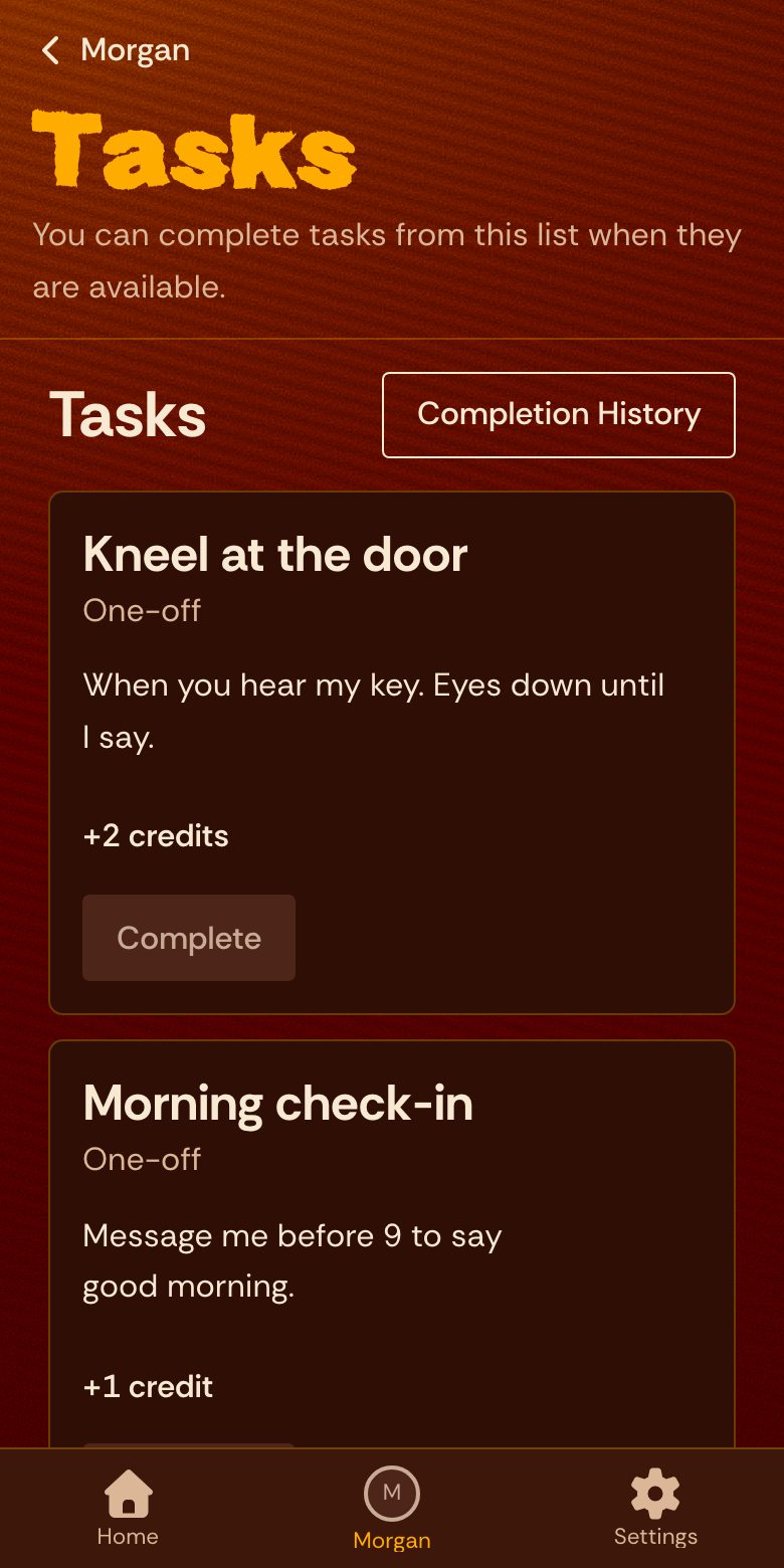 Morgan's task list for Riley: kneel at the door for two credits, and a morning check-in for one.